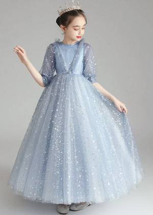 Elbow Sleeves Blue Sparkle Star Tulle Flower Girl Dress